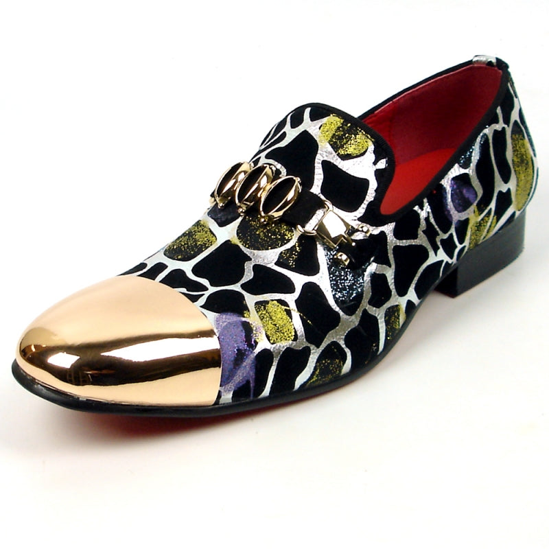 Introducing the FI-7448 Multi Color Gold Metal Tip by Fiesso, a chic fashion shoe that boasts a giraffe print design, a striking gold metallic toe, and a decorative chain. With its leather upper and cushioned insole, this shoe seamlessly blends style with comfort.