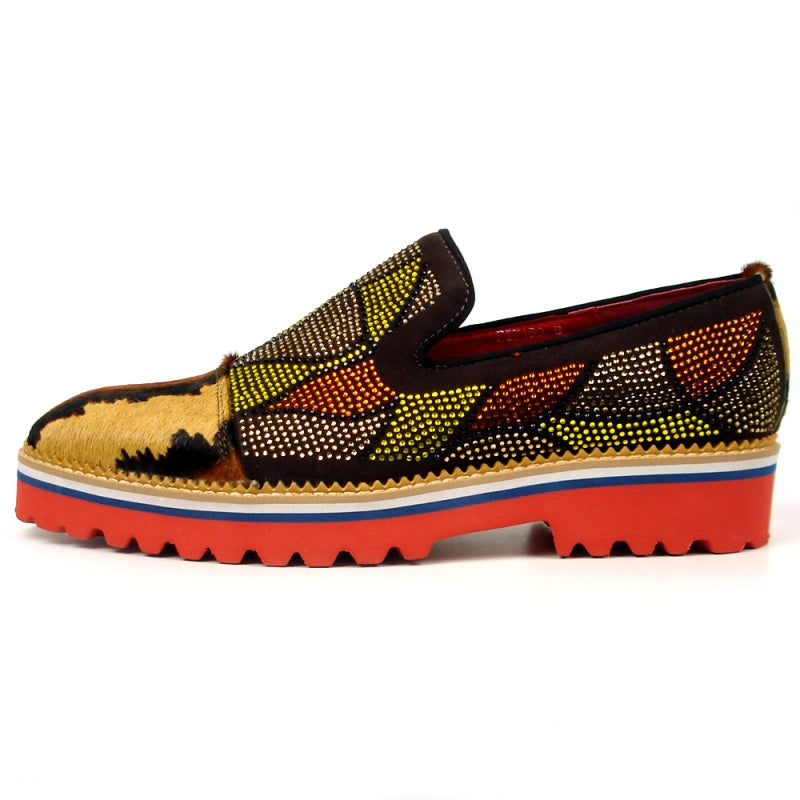 Introducing the FI-7450 Brown Slip-On from Fiesso by Aurelio Garcia: a vibrant fashion shoe adorned with a multicolored beaded pattern, fur accents, and a sturdy red, blue, and tan sole. Complete with a cushioned insole for enhanced comfort.