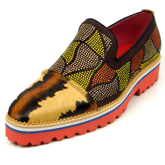 Introducing the FI-7450 Brown Slip-On from Fiesso by Aurelio Garcia: a vibrant fashion shoe adorned with a multicolored beaded pattern, fur accents, and a sturdy red, blue, and tan sole. Complete with a cushioned insole for enhanced comfort.