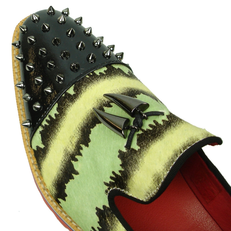 Introducing the FI-7455 Green Slip-on by Fiesso, a vibrant loafer from the Fiesso brand featuring a lime green and black striped design, a black spiked toe, red sole, and an eye-catching metal V-shaped embellishment on top.