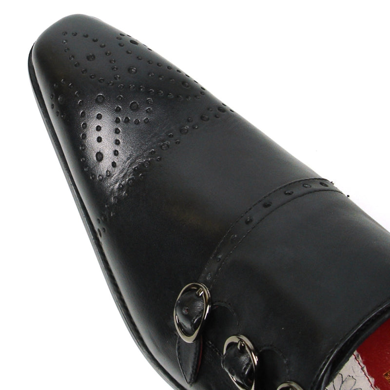 The FI-8703 Black Encore by Fiesso features a black leather design with three buckle straps, a perforated decorative pattern on the toe, and a cushioned insole for enhanced comfort.