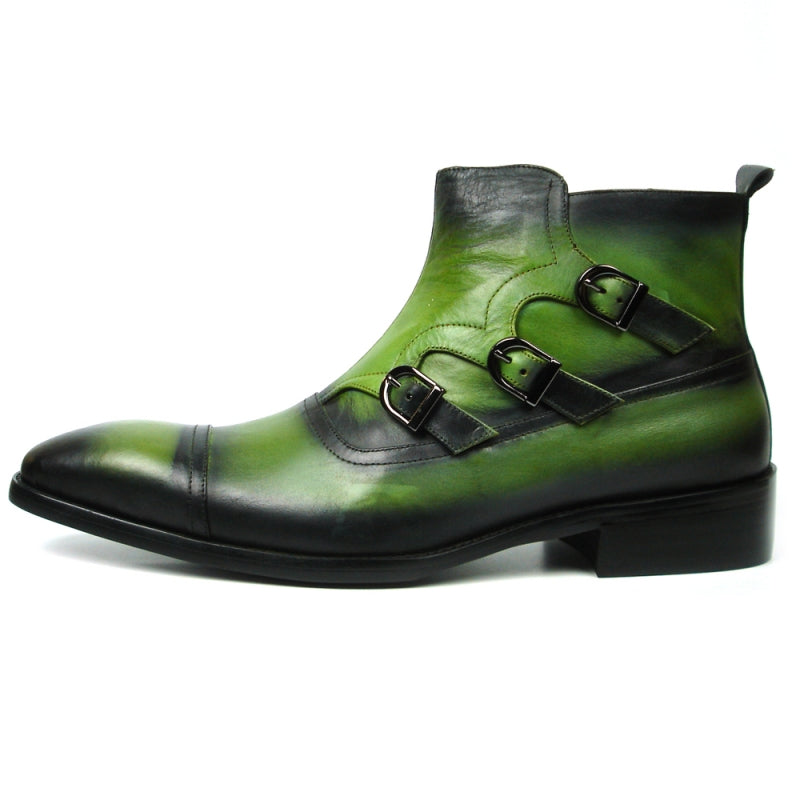 The FI-8709 Green Encore by Fiesso Boot boasts a green and black leather upper, accentuated with three decorative buckles and a pointed toe.