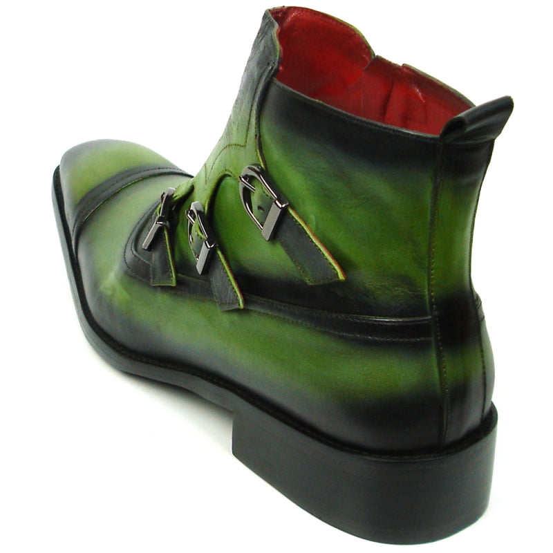 The FI-8709 Green Encore by Fiesso Boot boasts a green and black leather upper, accentuated with three decorative buckles and a pointed toe.