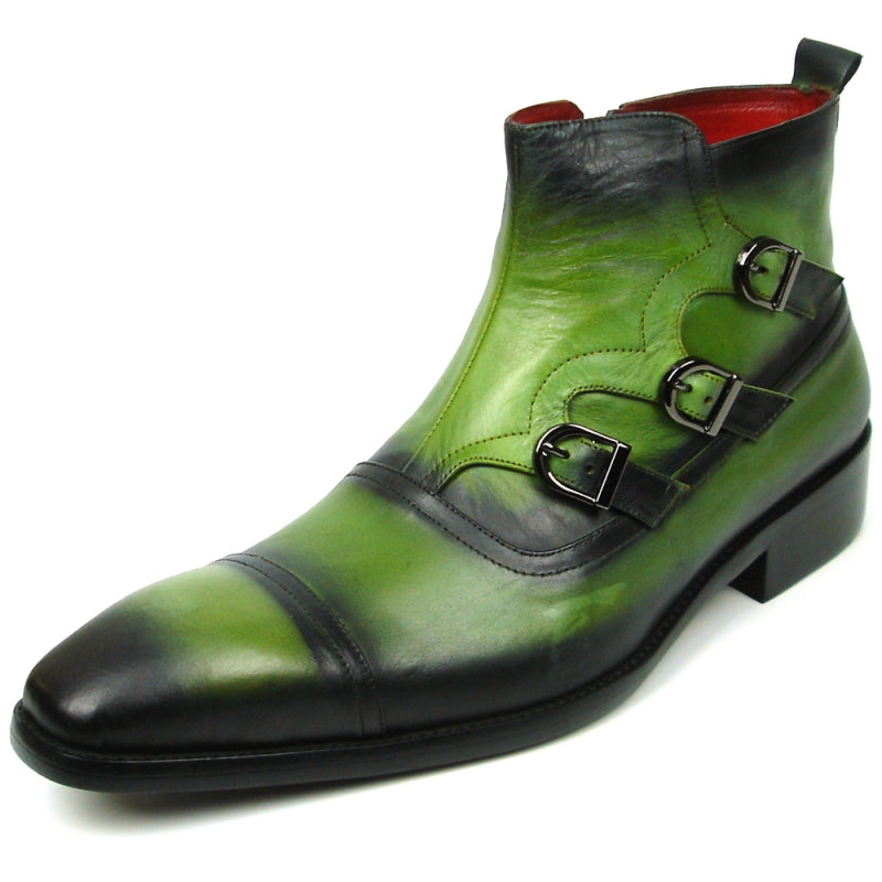 The FI-8709 Green Encore by Fiesso Boot boasts a green and black leather upper, accentuated with three decorative buckles and a pointed toe.