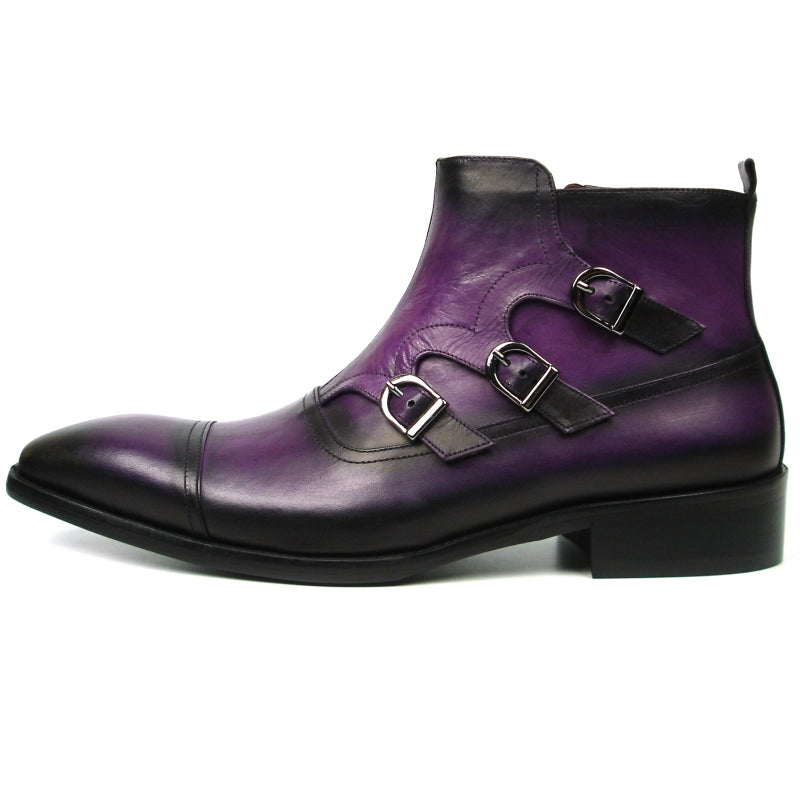 Introducing the FI-8709 Purple Encore by Fiesso Boot, a chic fashion statement with a sleek purple and black leather upper, adorned with three buckles and designed with a comfortable low heel.