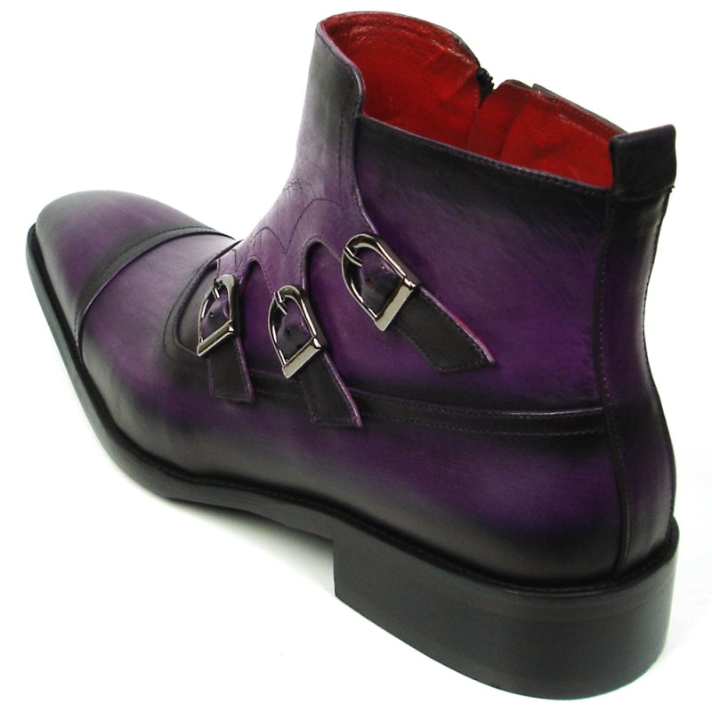 Introducing the FI-8709 Purple Encore by Fiesso Boot, a chic fashion statement with a sleek purple and black leather upper, adorned with three buckles and designed with a comfortable low heel.