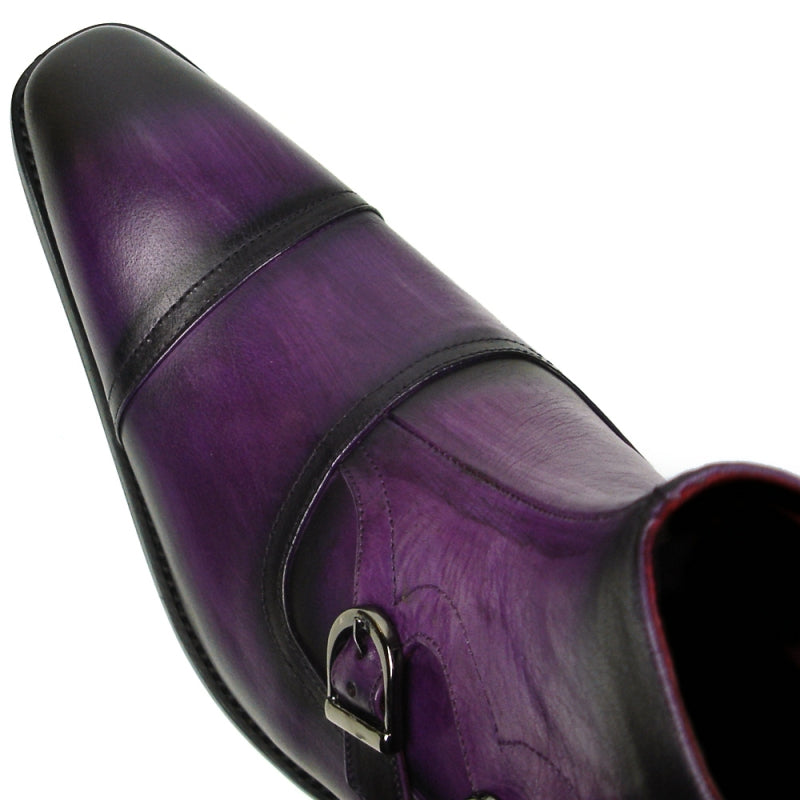 Introducing the FI-8709 Purple Encore by Fiesso Boot, a chic fashion statement with a sleek purple and black leather upper, adorned with three buckles and designed with a comfortable low heel.