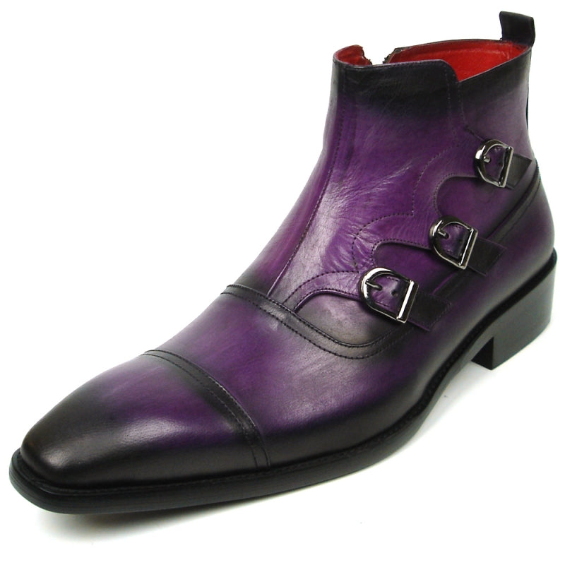 Introducing the FI-8709 Purple Encore by Fiesso Boot, a chic fashion statement with a sleek purple and black leather upper, adorned with three buckles and designed with a comfortable low heel.