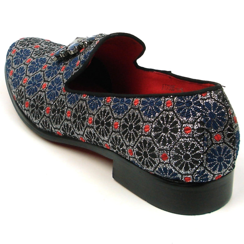 Introducing the FI-7385-4 Blue Multi Color Slip-on by Fiesso: a stylish decorative shoe embellished with a floral pattern and glittering blue and black gemstones on the upper, featuring a red interior lining and a cushioned insole for optimal comfort.