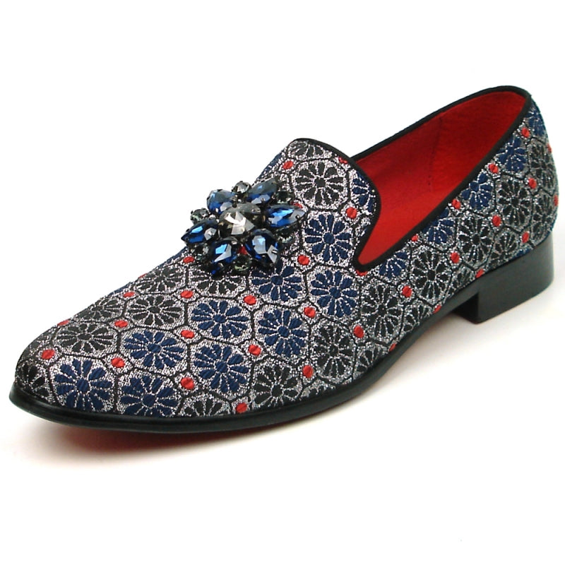 Introducing the FI-7385-4 Blue Multi Color Slip-on by Fiesso: a stylish decorative shoe embellished with a floral pattern and glittering blue and black gemstones on the upper, featuring a red interior lining and a cushioned insole for optimal comfort.