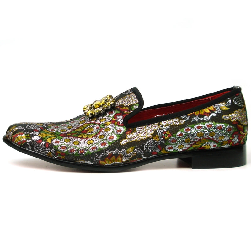 The FI-7385-5 Brown Multi Color Slip on by Fiesso features a vibrant design with an ornate gold embellishment on the front and a red interior, complete with a cushioned insole for enhanced comfort.