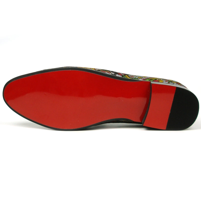 The FI-7385-5 Brown Multi Color Slip on by Fiesso features a vibrant design with an ornate gold embellishment on the front and a red interior, complete with a cushioned insole for enhanced comfort.