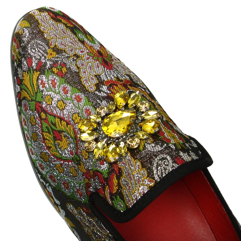 The FI-7385-5 Brown Multi Color Slip on by Fiesso features a vibrant design with an ornate gold embellishment on the front and a red interior, complete with a cushioned insole for enhanced comfort.