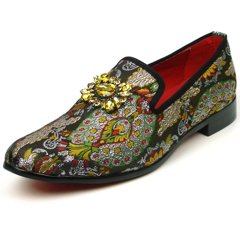 The FI-7385-5 Brown Multi Color Slip on by Fiesso features a vibrant design with an ornate gold embellishment on the front and a red interior, complete with a cushioned insole for enhanced comfort.