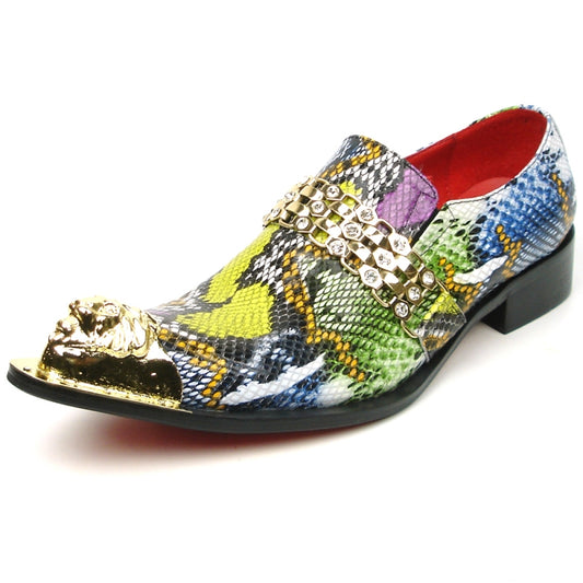 The FI-7395 Python Metal Tip by Fiesso showcases a snakeskin-patterned leather upper with a burst of colors, highlighted by a gold metallic toe cap, a studded strap, and an eye-catching red interior lining.