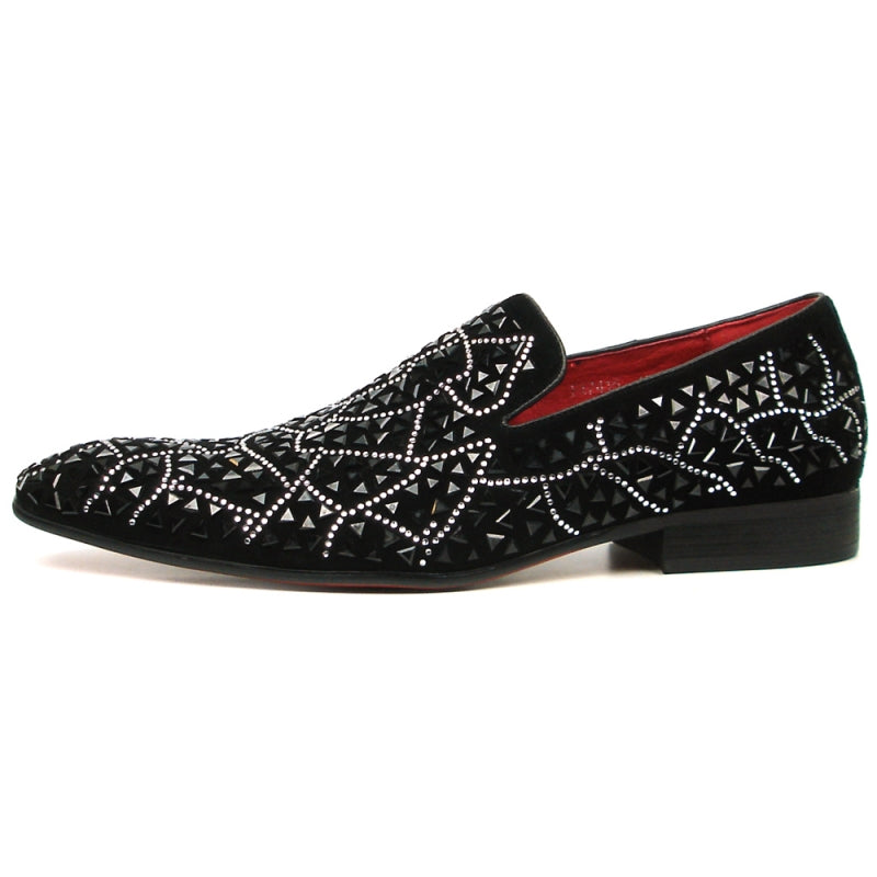 The FI-7415 Black Suede Black Stone Loafer by Fiesso features a luxurious suede upper adorned with intricate geometric rhinestone patterns and a stylish red interior, making it the perfect slip-on fashion shoe.