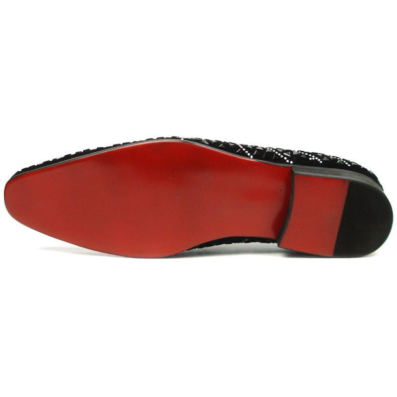 The FI-7415 Black Suede Black Stone Loafer by Fiesso features a luxurious suede upper adorned with intricate geometric rhinestone patterns and a stylish red interior, making it the perfect slip-on fashion shoe.