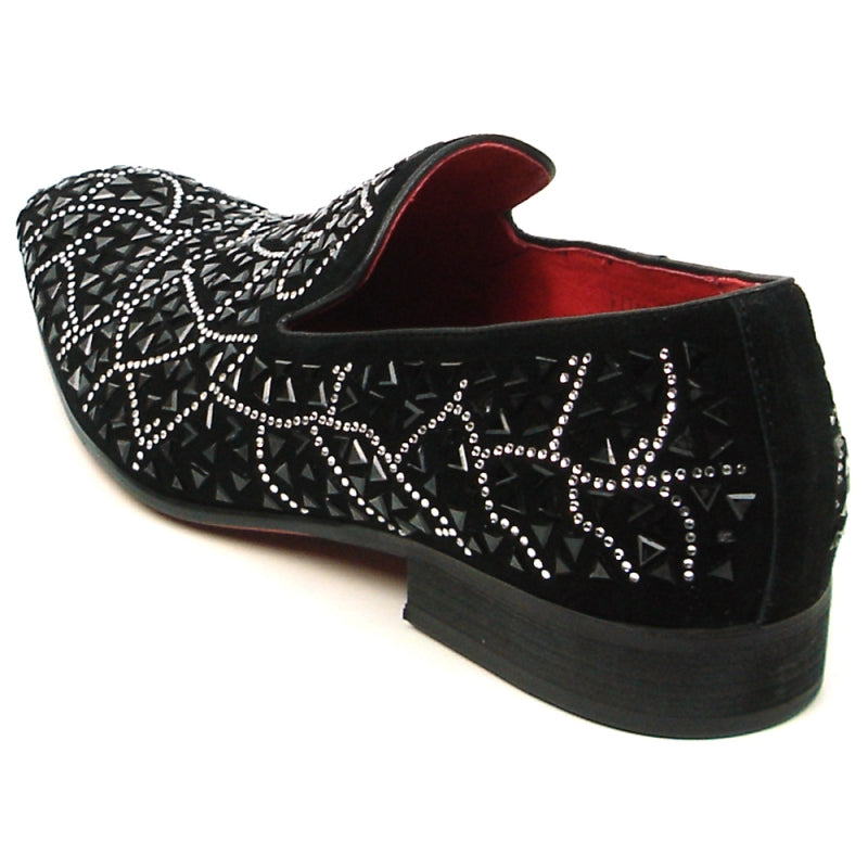 The FI-7415 Black Suede Black Stone Loafer by Fiesso features a luxurious suede upper adorned with intricate geometric rhinestone patterns and a stylish red interior, making it the perfect slip-on fashion shoe.