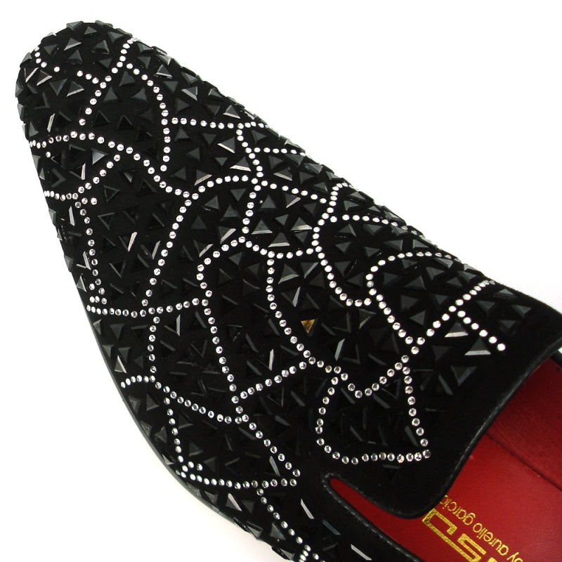 The FI-7415 Black Suede Black Stone Loafer by Fiesso features a luxurious suede upper adorned with intricate geometric rhinestone patterns and a stylish red interior, making it the perfect slip-on fashion shoe.