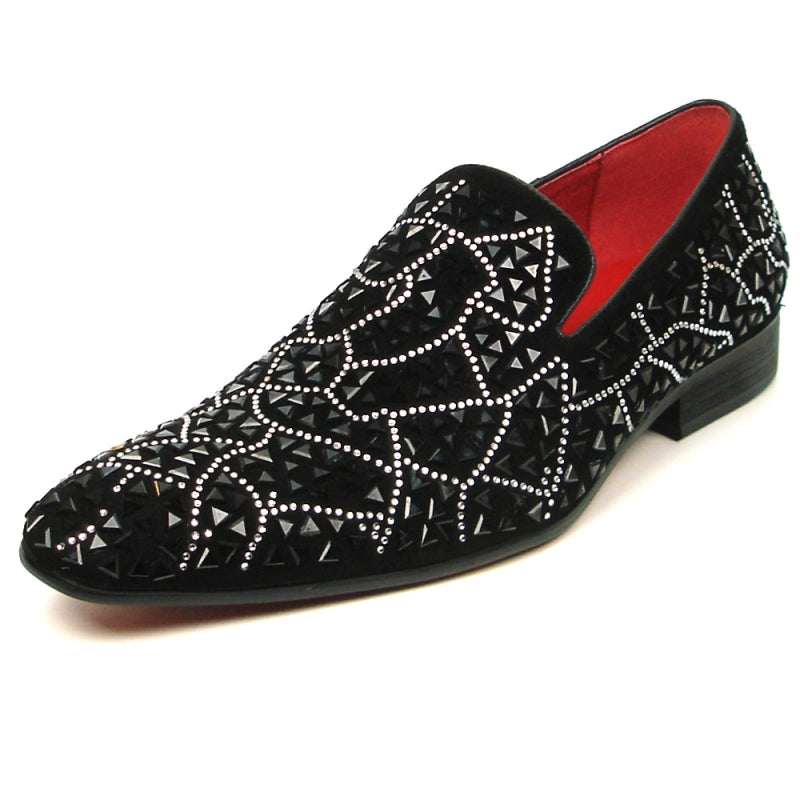 The FI-7415 Black Suede Black Stone Loafer by Fiesso features a luxurious suede upper adorned with intricate geometric rhinestone patterns and a stylish red interior, making it the perfect slip-on fashion shoe.