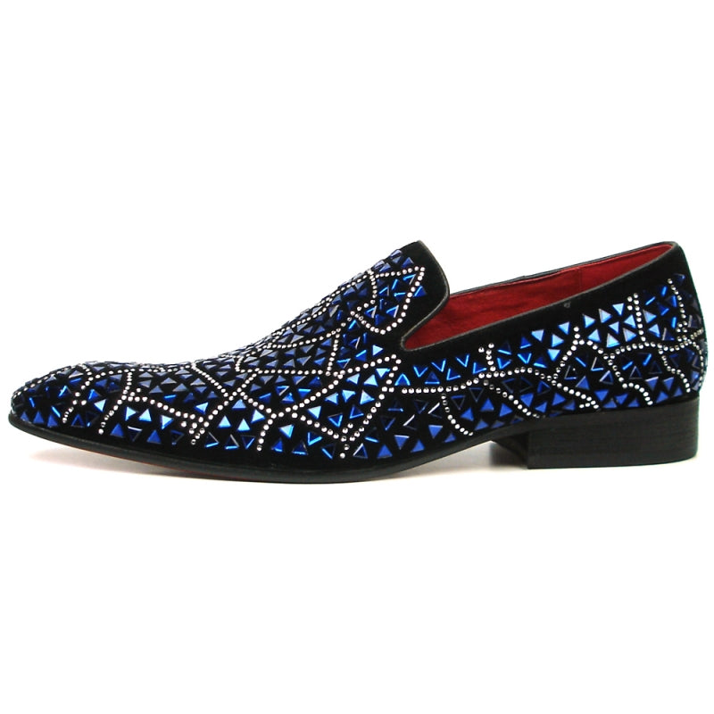 The FI-7415 Black Suede Blue Stone shoe by Fiesso boasts a black slip-on design adorned with a geometric pattern of blue and silver embellishments and is highlighted by a vibrant red interior lining.