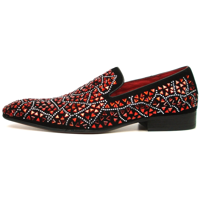 Introducing the FI-7415 Black Suede Red Stone by Fiesso, a slip-on fashion shoe from Aurelio Garcia that showcases intricate geometric patterns and studs, crafted with a luxurious suede upper in red and black.