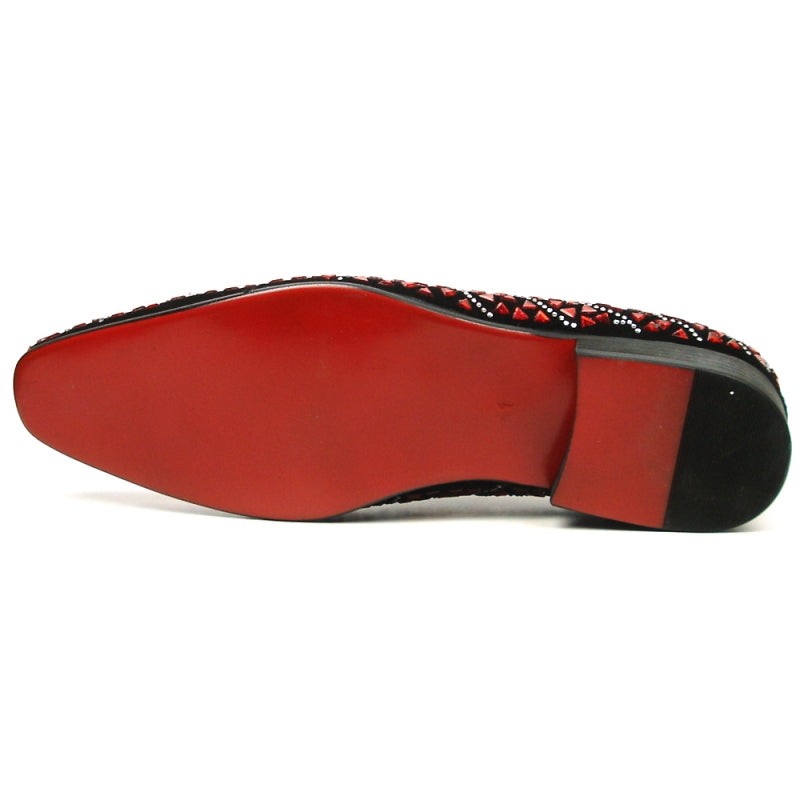 Introducing the FI-7415 Black Suede Red Stone by Fiesso, a slip-on fashion shoe from Aurelio Garcia that showcases intricate geometric patterns and studs, crafted with a luxurious suede upper in red and black.