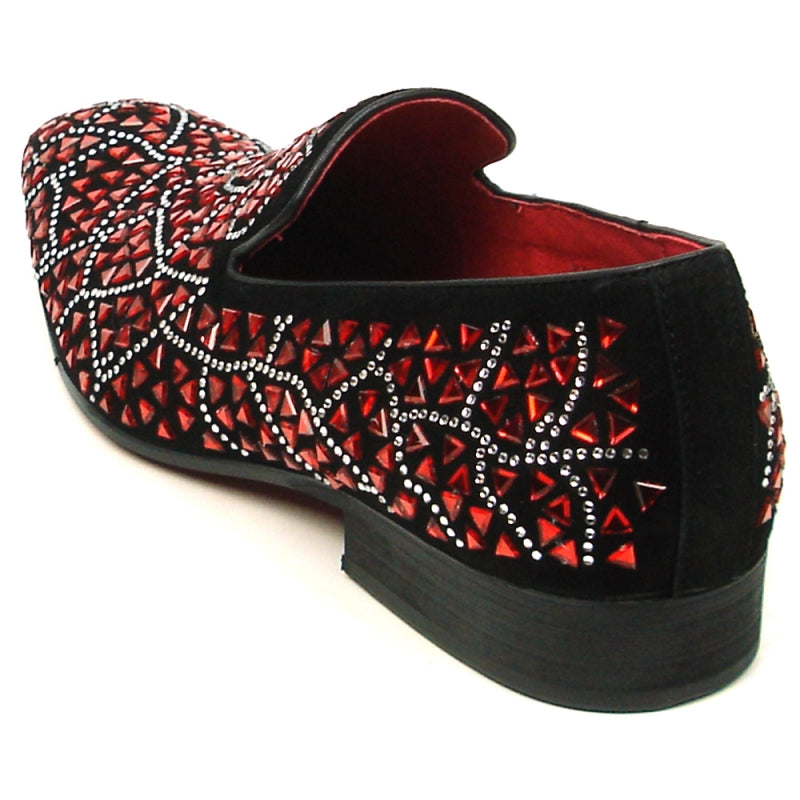 Introducing the FI-7415 Black Suede Red Stone by Fiesso, a slip-on fashion shoe from Aurelio Garcia that showcases intricate geometric patterns and studs, crafted with a luxurious suede upper in red and black.