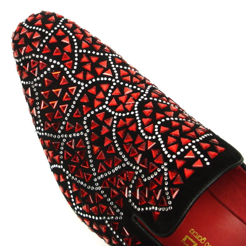 Introducing the FI-7415 Black Suede Red Stone by Fiesso, a slip-on fashion shoe from Aurelio Garcia that showcases intricate geometric patterns and studs, crafted with a luxurious suede upper in red and black.