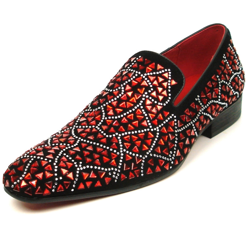 Introducing the FI-7415 Black Suede Red Stone by Fiesso, a slip-on fashion shoe from Aurelio Garcia that showcases intricate geometric patterns and studs, crafted with a luxurious suede upper in red and black.