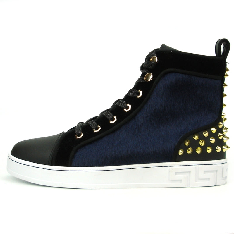 The FI-2348 Black Blue High Top Sneaker Encore by Fiesso is a men's leather high-top sneaker, featuring a black and blue design with gold spikes and eyelets, black laces, and a white sole.