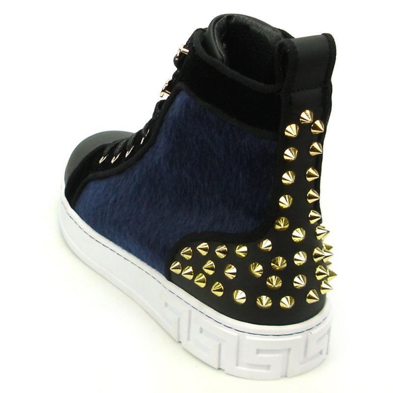 The FI-2348 Black Blue High Top Sneaker Encore by Fiesso is a men's leather high-top sneaker, featuring a black and blue design with gold spikes and eyelets, black laces, and a white sole.