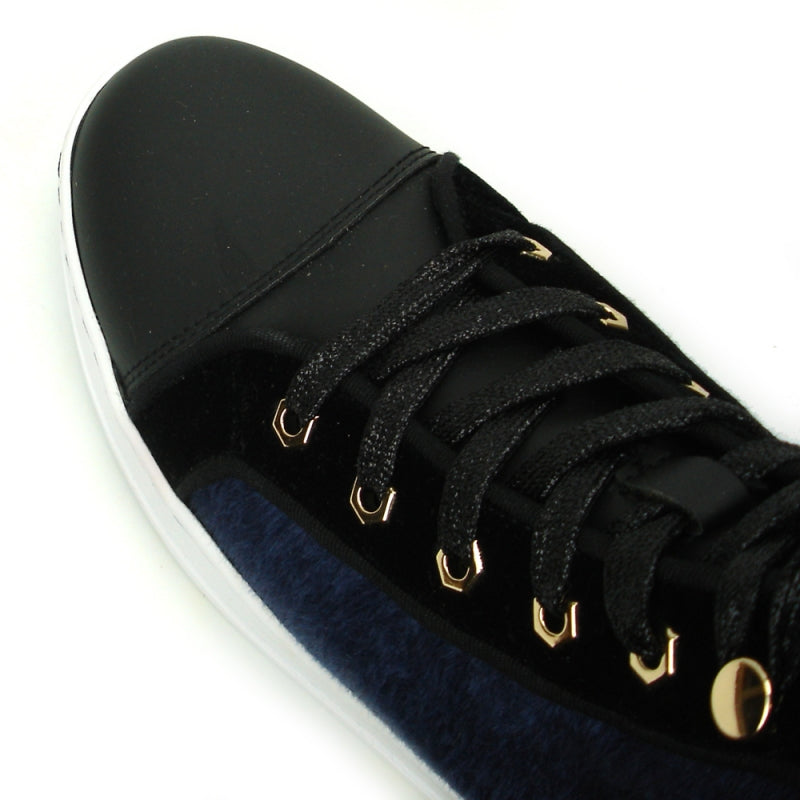 The FI-2348 Black Blue High Top Sneaker Encore by Fiesso is a men's leather high-top sneaker, featuring a black and blue design with gold spikes and eyelets, black laces, and a white sole.