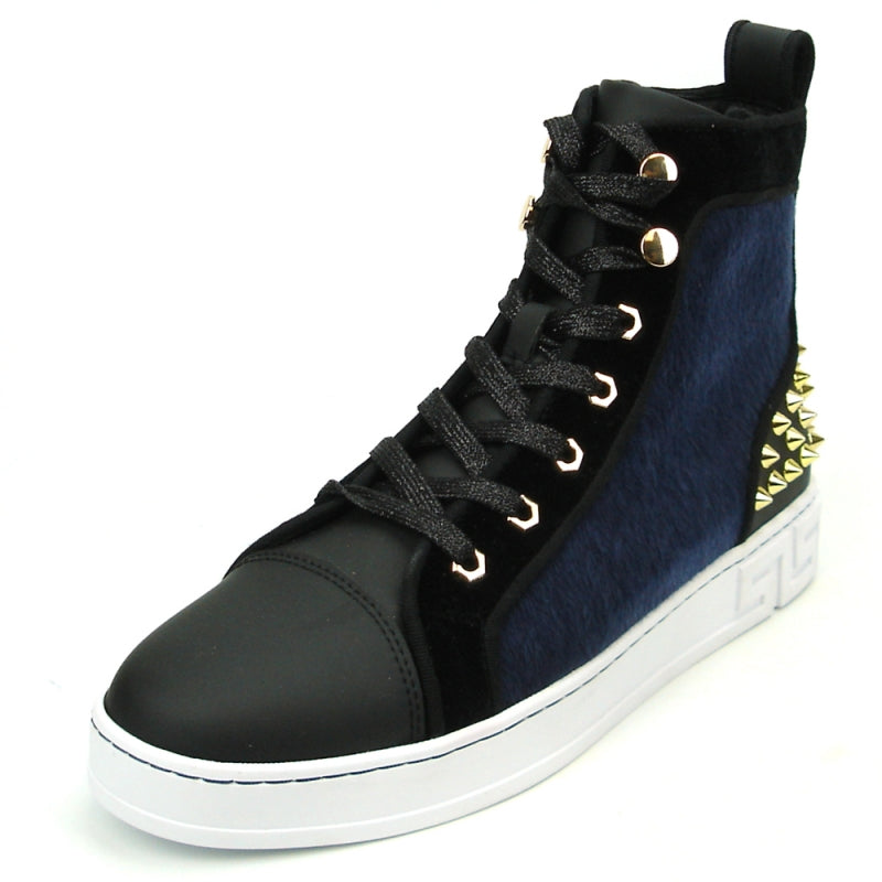 The FI-2348 Black Blue High Top Sneaker Encore by Fiesso is a men's leather high-top sneaker, featuring a black and blue design with gold spikes and eyelets, black laces, and a white sole.