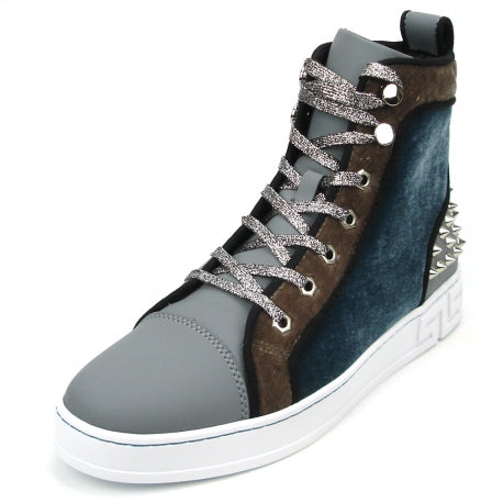 The FI-2348 Grey High Top Sneaker Encore by Fiesso showcases a sleek leather upper featuring gray and brown panels, adorned with glittery laces and eye-catching silver spikes on the heel.