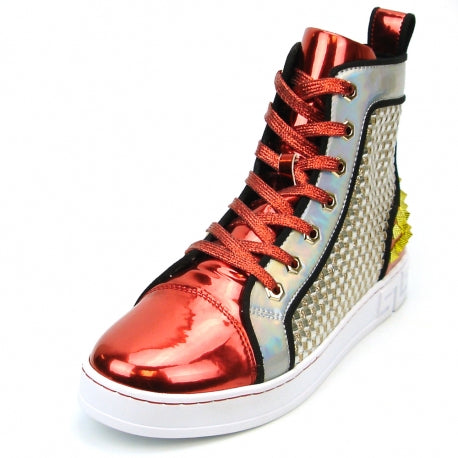 The FI-2363 Red High Top Sneaker Encore by Fiesso is a fashionable high-top sneaker designed with a leather upper, a striking metallic red toe, and vibrant red laces. Its woven silver side panels beautifully complement the daring yellow spiked accents on the heel.