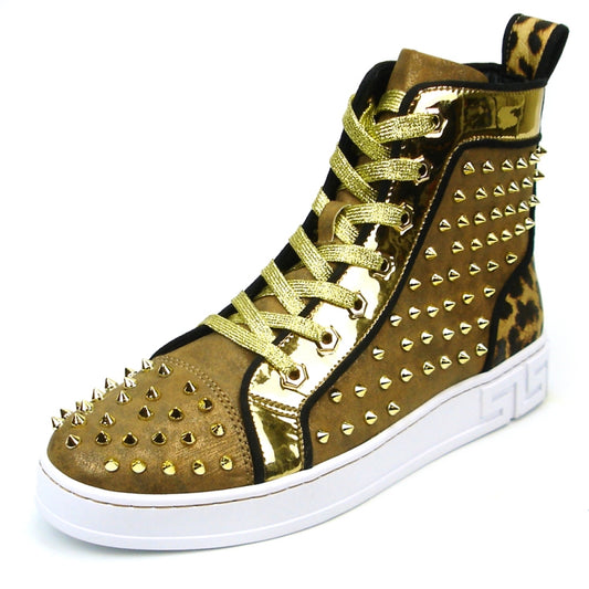 The FI-2364 Gold High Top Sneaker Encore by Fiesso is a stylish high-top shoe designed with a combination of leather and suede, featuring gold studs, metallic accents, leopard print details, and a clean white sole.