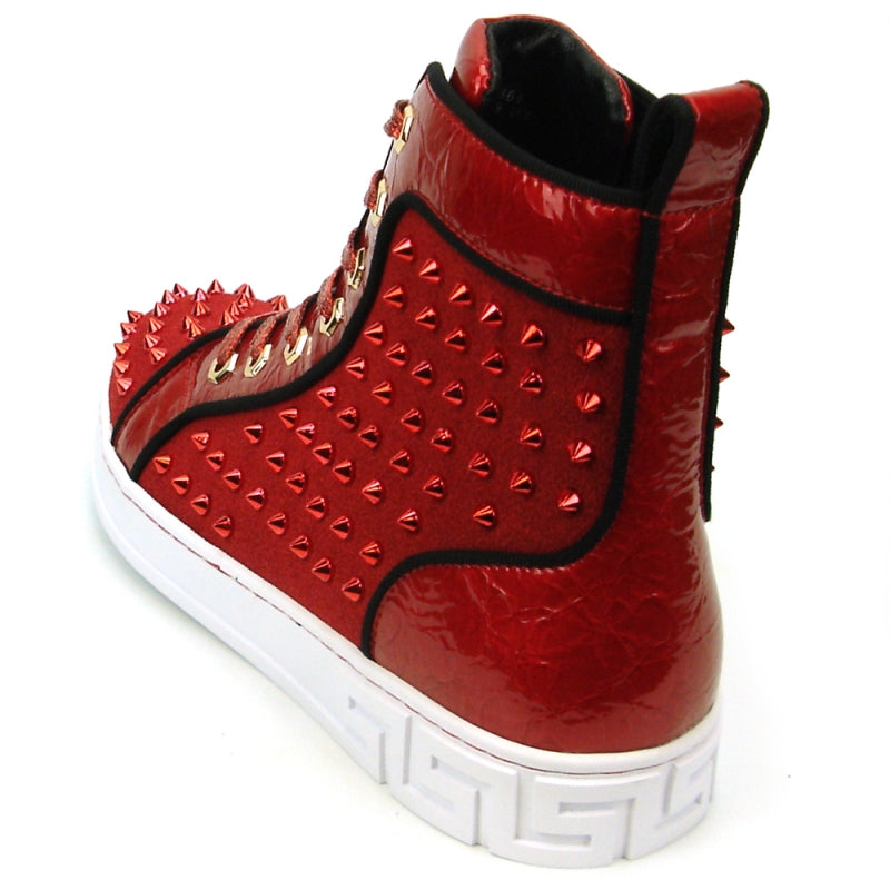 Introducing the FI-2364 Red High Top Sneaker Encore by Fiesso—this striking red high-top shoe features a glossy leather finish adorned with metal spikes on the toe and sides. Enhanced with red laces, a white sole, and decorative stitching, it seamlessly combines leather and suede for added sophistication.