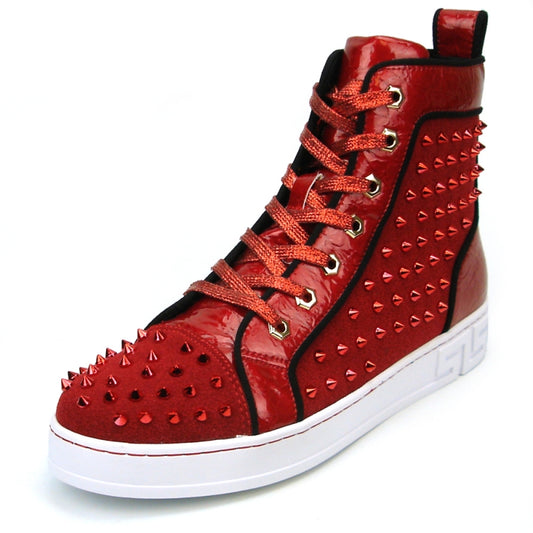 Introducing the FI-2364 Red High Top Sneaker Encore by Fiesso—this striking red high-top shoe features a glossy leather finish adorned with metal spikes on the toe and sides. Enhanced with red laces, a white sole, and decorative stitching, it seamlessly combines leather and suede for added sophistication.