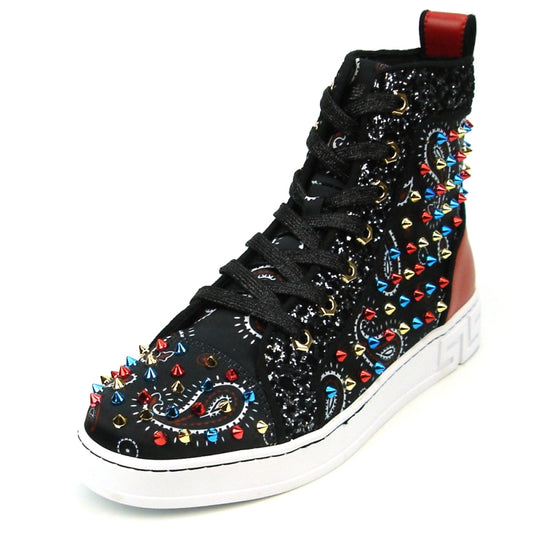 Introducing the FI-2365 Black High Top Sneaker Encore by Fiesso, featuring a sleek leather upper adorned with vibrant studs, intricate embroidered patterns, and complemented by black laces. The design is highlighted by a striking red heel and a classic white sole.