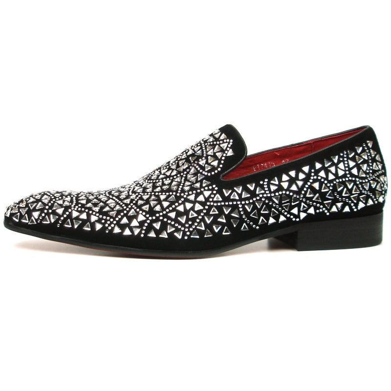 The FI-7415 Black Suede Silver Stone Fiesso by Aurelio Garcia slip-on from Fiesso showcases white geometric patterns and a red interior, while its suede upper enhances elegance. The cushioned insole ensures all-day comfort without compromising style.