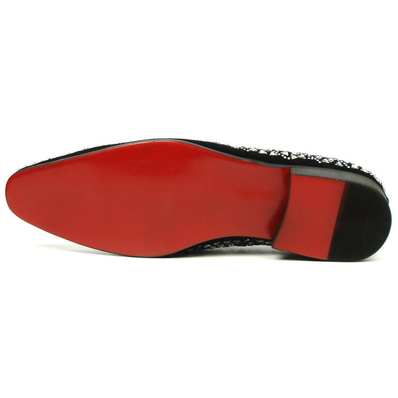 The FI-7415 Black Suede Silver Stone Fiesso by Aurelio Garcia slip-on from Fiesso showcases white geometric patterns and a red interior, while its suede upper enhances elegance. The cushioned insole ensures all-day comfort without compromising style.