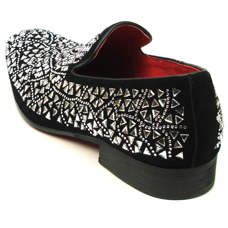 The FI-7415 Black Suede Silver Stone Fiesso by Aurelio Garcia slip-on from Fiesso showcases white geometric patterns and a red interior, while its suede upper enhances elegance. The cushioned insole ensures all-day comfort without compromising style.