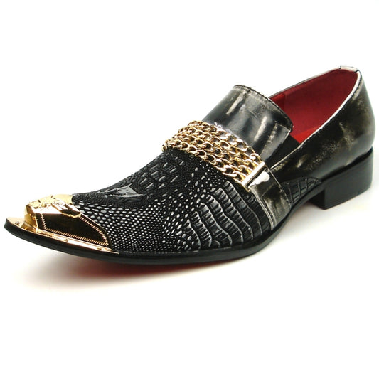 The FI-7435 Black Metal Tip loafer by Fiesso features a leather upper adorned with textured patterns, complemented by a gold chain detail and metallic pointed toe, resulting in an exquisite fashion shoe.