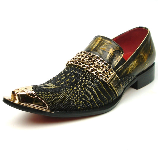 The FI-7435 Brown Metal Tip loafer by Fiesso offers both elegance and comfort, featuring a textured upper with gold chain detailing and a metallic gold pointed toe, along with its cushioned insole.