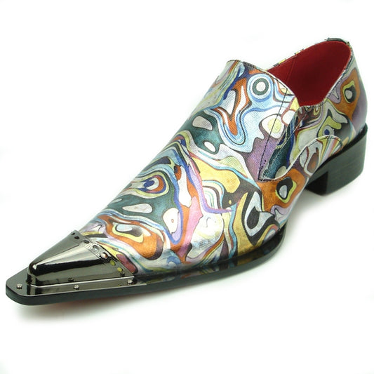 Introducing the FI-7467 Multi Color Metal Tip Aurelio Garcia by Fiesso. This fashion-forward shoe showcases a vibrant, patterned design with a striking metallic pointed toe cap and a low heel. Crafted with a suede upper and featuring a cushioned insole for enhanced comfort, it is beautifully set against a clean white background.