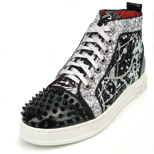 The FI-2380 Black Silver High Top Sneaker by Fiesso features a leather upper highlighted with black spikes on the toe, silver glitter fabric, and intricate black lace patterns. This men's casual sneaker is finished with crisp white laces and a durable white sole.