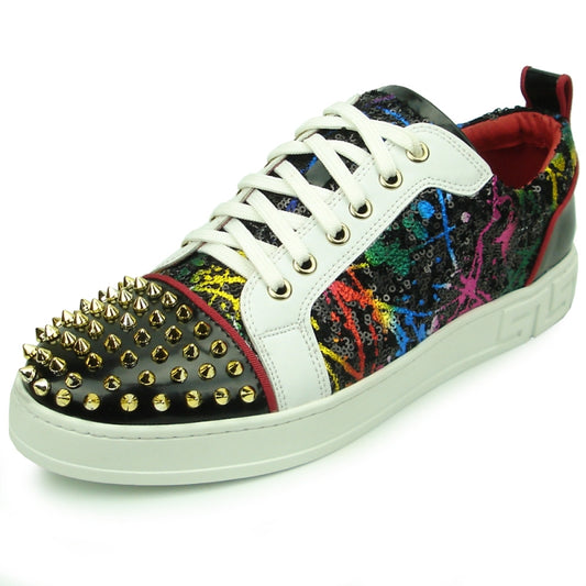 Introducing the FI-2381 Black White Multi Low Cut Sneakers by Fiesso, a striking men's casual shoe with a leather upper, elegantly embellished with sequin patterns and gold spikes on the toe. It boasts white laces and a white sole enhanced with embossed details.