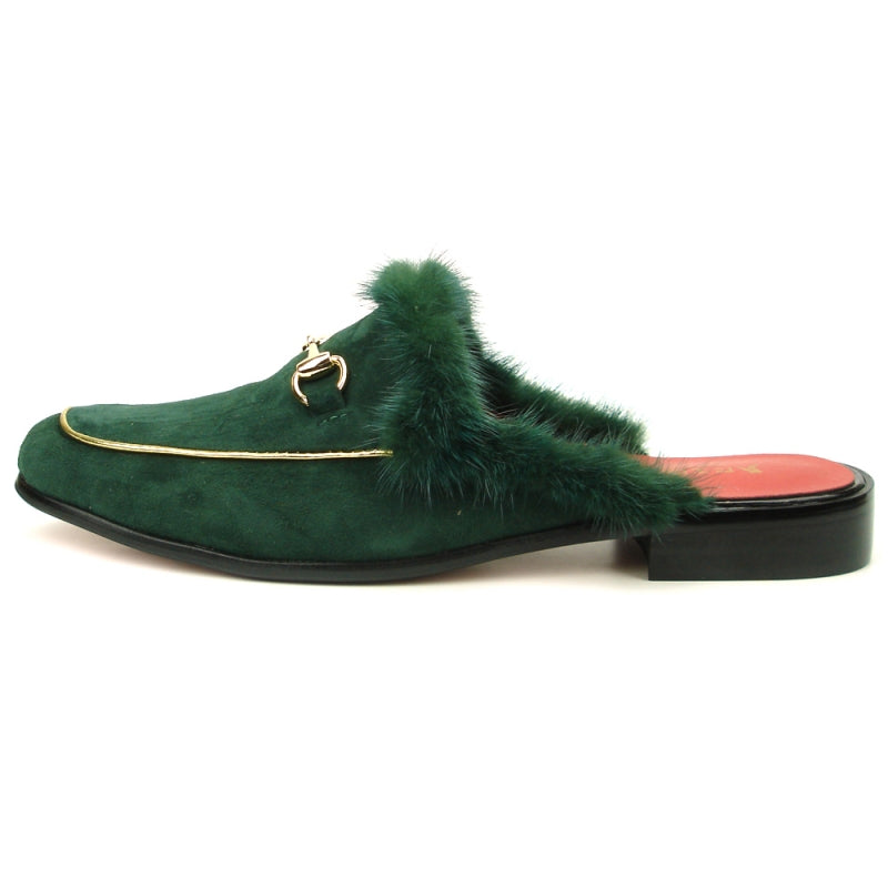 A green suede sandal by Fiesso, featuring a cushioned insole, gold accents, and a fur trim with a decorative bit detail on the vamp.