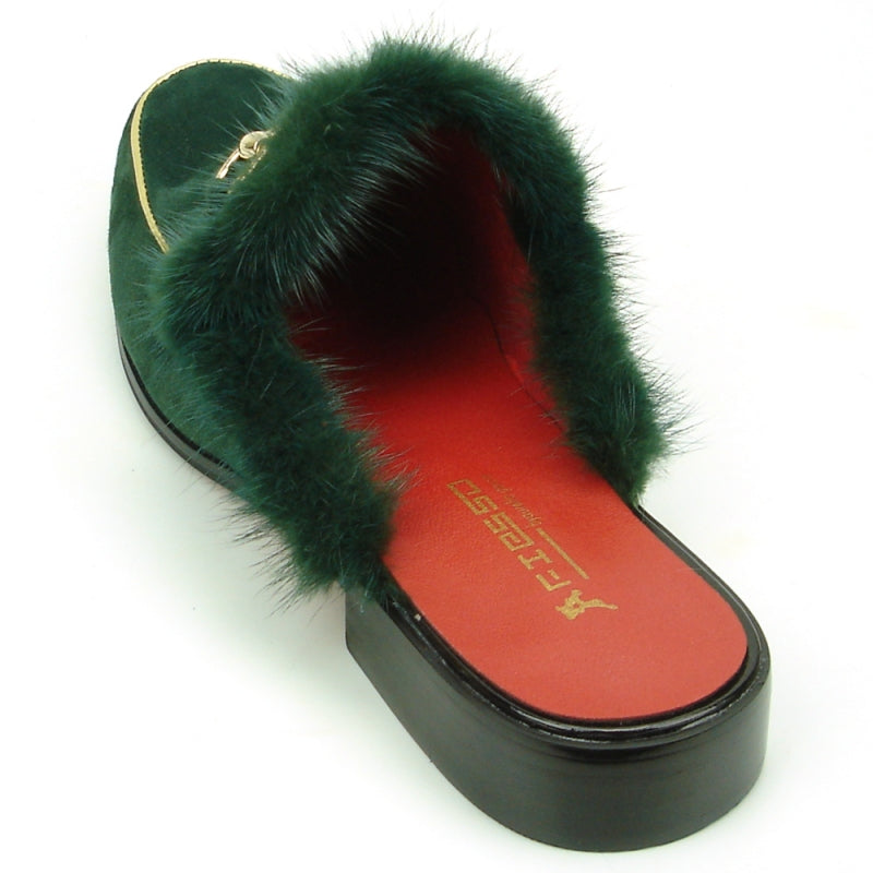 A green suede sandal by Fiesso, featuring a cushioned insole, gold accents, and a fur trim with a decorative bit detail on the vamp.